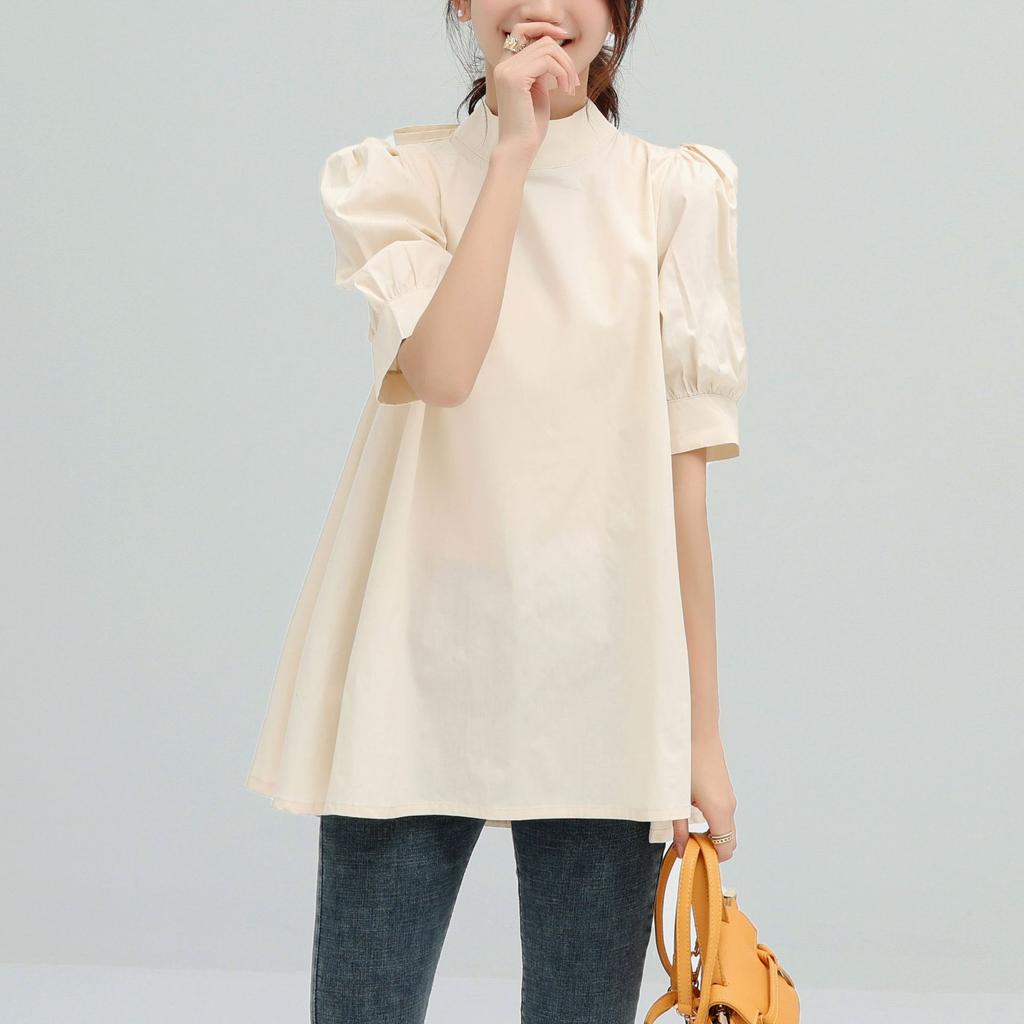 Lotte Japan Korea Spring Summer Solid Color Blouse Solid Lace Up Mid Sleeve Half High Neck Shirt for Women