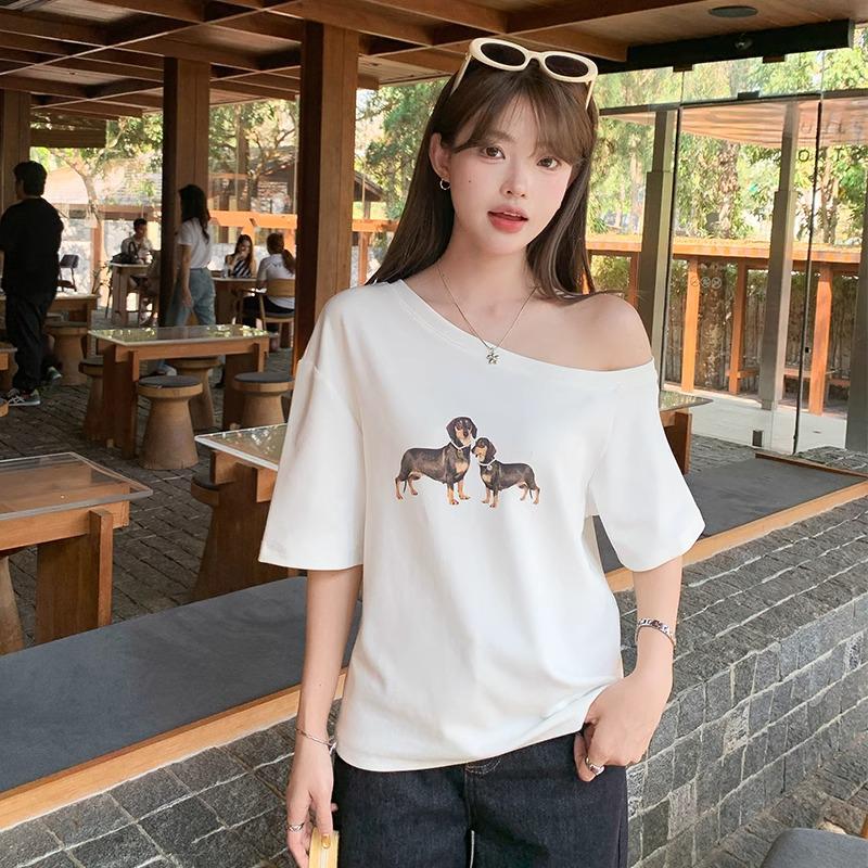 

Puppy Print One-Shoulder T-Shirt: Casual Chic Spring/Summer 2025 XL