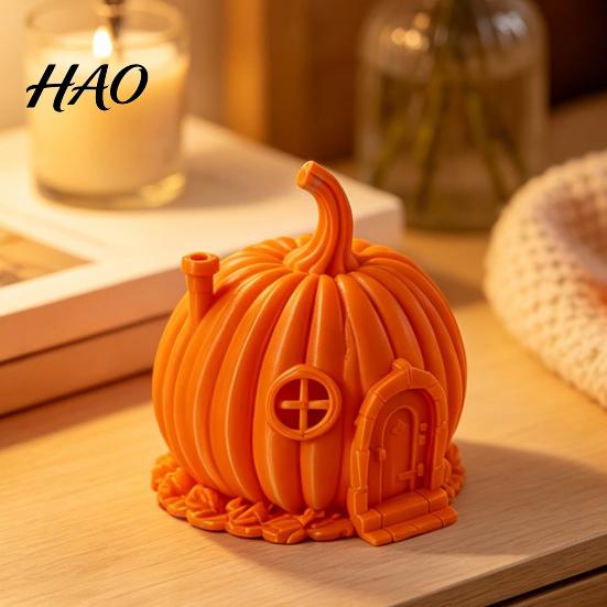 Halloween Pumpkin House Ornament 3D Printed for Halloween, Miniature Fairy Tale Cabin Decorative PLA Figure Desktop Decoration, Micro Landscape