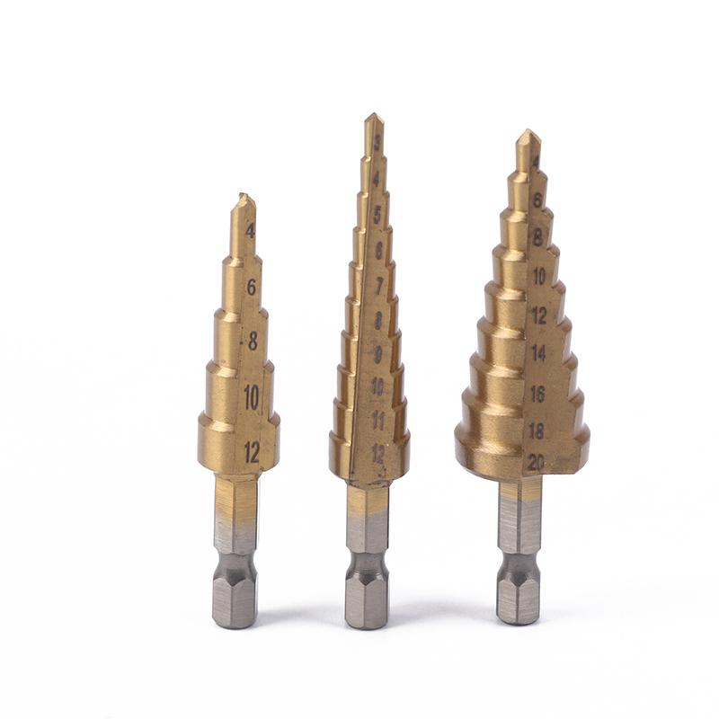 3Pcs Hss Titanium-Coated Spiral Groove Step Drill Bit 3-12 4-12 4-20 Power Tool Step Drill Bits Set Metal Multi-Hole Taper Drill
