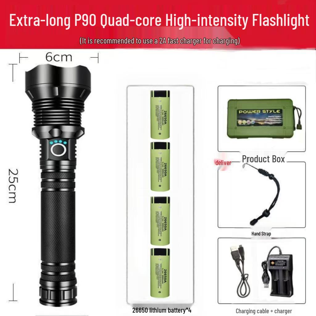 Waterproof Aluminum P90 High-Power Flashlight with Telescopic Focus and P70 Spotlight for Outdoor Use