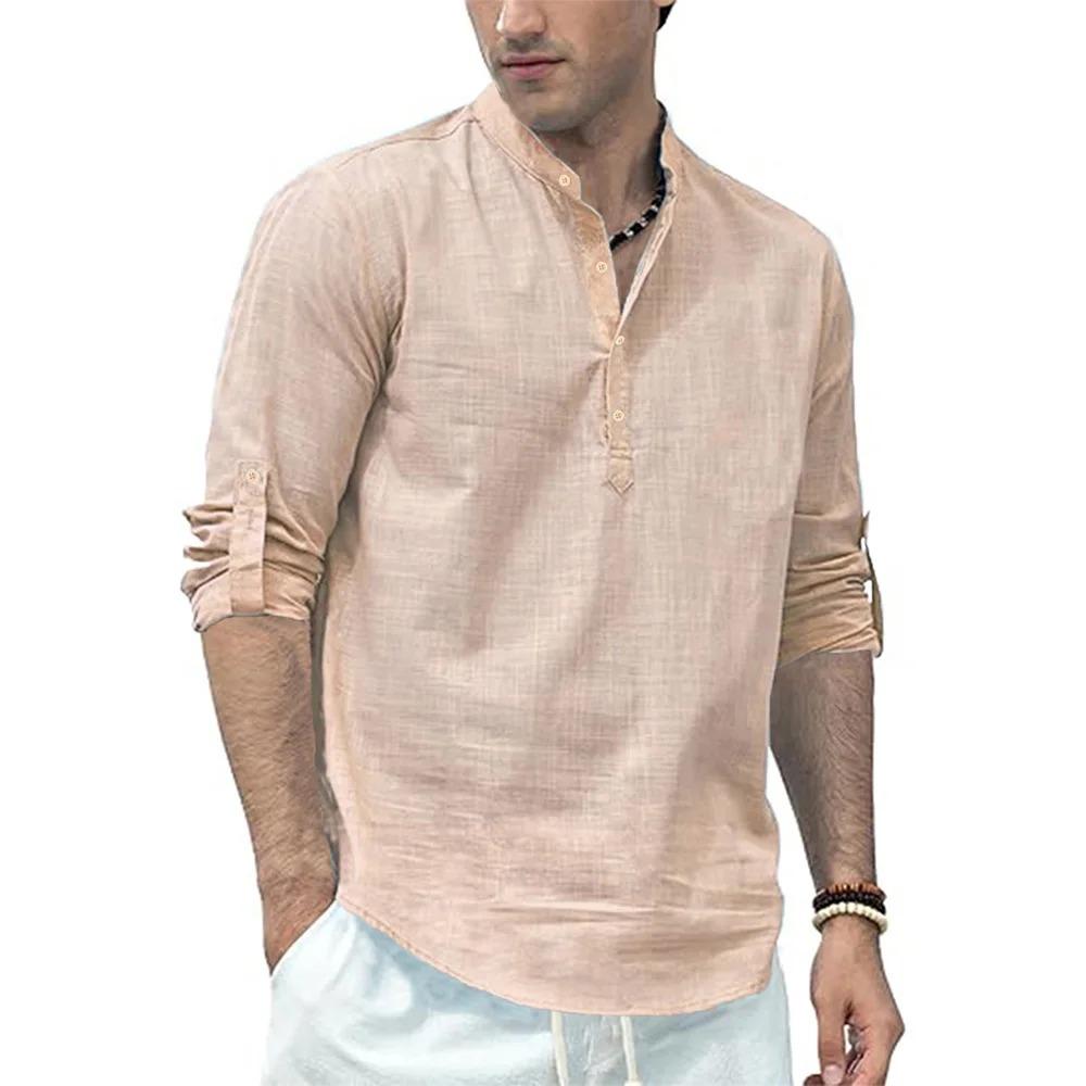 Men's Cotton Linen Long Sleeve Polo Shirt Lightweight Henley Neck Hawaiian Beach Style Solid Color Tops Vacation T-shirt