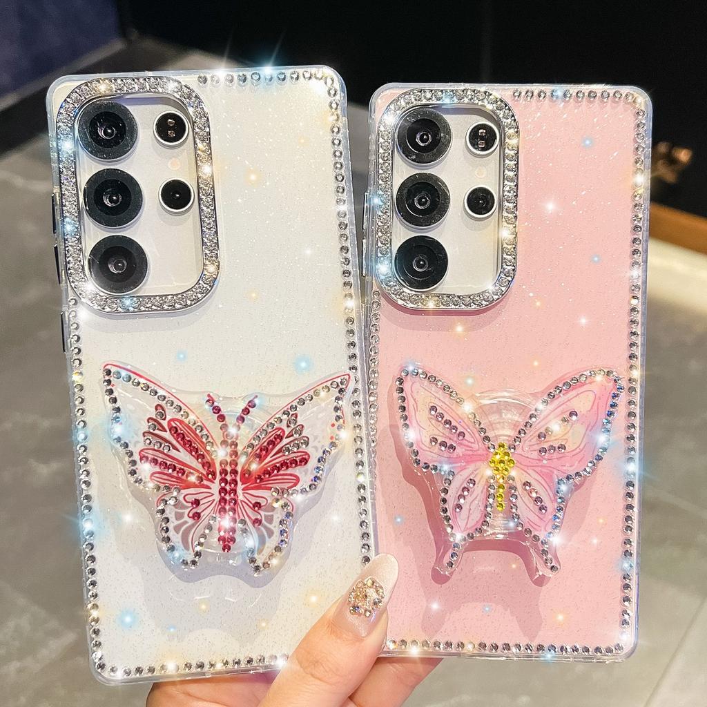 Butterfly Bracket Suitable for Samsung S25 Ultra Mobile Phone Case Flash Drill S24FE Flash Powder A56 Protective Case A17