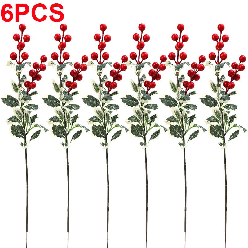 

Искусственные Ягоды Падуб Красные Ягоды Ветки с Зелеными Листьями Украшение для Цветочной Композиции на Обеденный Стол Подвески для DIY Рождественской Елки 6pcs