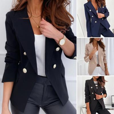 Women Suit Coat Double-Breasted Lapel Long Sleeve Suit Jacket Solid Color Urban Style Business Outerwear Casual Daily Wear