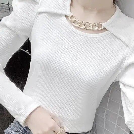 Autumn New Puff Sleeve Knitted Top White Bottoming Shirt for Women Solid Color Long Sleeve T-shirt