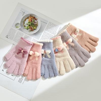Knitted Touch Screen Gloves Women's Winter Warm Thickened Velvet Five-finger Outdoor Riding Sub-finger Korean Version Gloves Wholesale