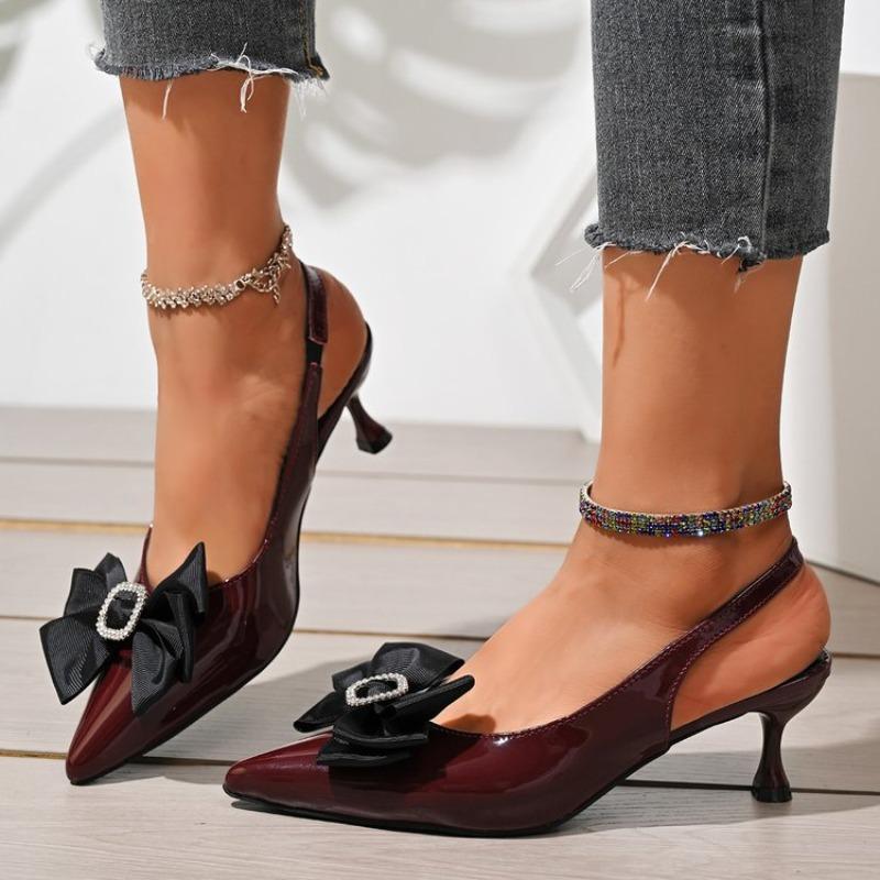 

Туфли-лодочки Hlieny винного цвета с ремешком на щиколотке, на шпильке, из лакированной кожи с бантом, с острым носком, с ремешком на пятке, босоножки на высоком каблуке, женские туфли 36 вино красного