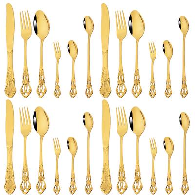 Drmfiy 24 Peças Talheres de Jantar de Luxo Dourado Talheres de Aço Inoxidável Conjunto Ocidental Vintage Utensílios de Mesa Faca Colher de Café Garfo Conjunto de Talheres
