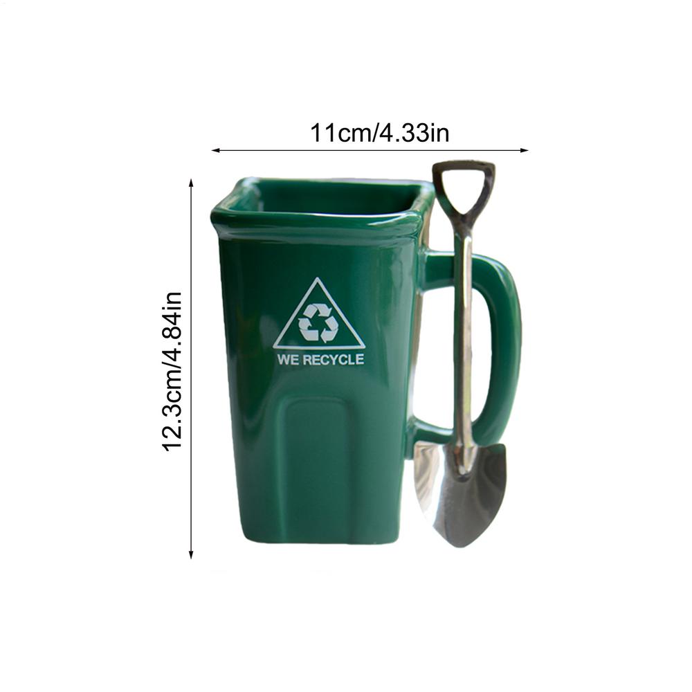 Funny Trash Can Shaped Mug with shovel shaped spoon, Creative Ceramic Trash Can-shaped Coffee Mug, Breakfast Cup Microwave Safe