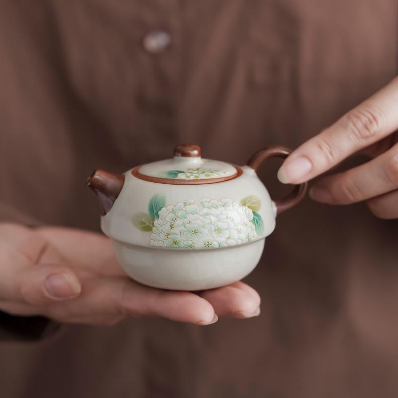 Portable Ru Kiln Tea Set Ceramics One Pot One Cup Outdoor Travel Chinese Kung Fu Tea Set Vintage Handmade Teapot