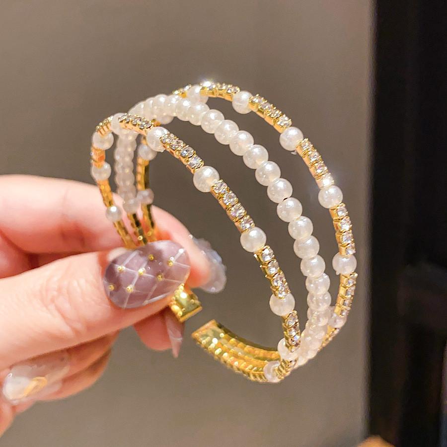 European Style Pearl Beaded Three Layer Open Bracelet With Rhinestone Accents For Women
