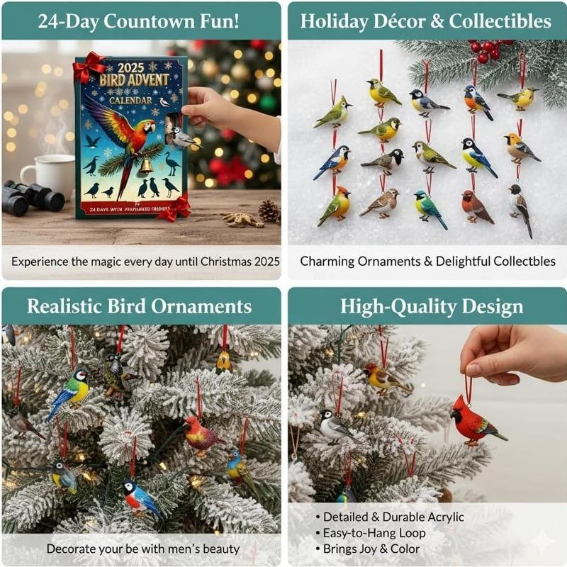 Calendar de Advent Păsări 2025, Calendar de Advent Păsări de Crăciun 24 Zile, Decorațiuni Păsări Plate 2D Acrilice pentru Agățat în Pomul de Crăciun