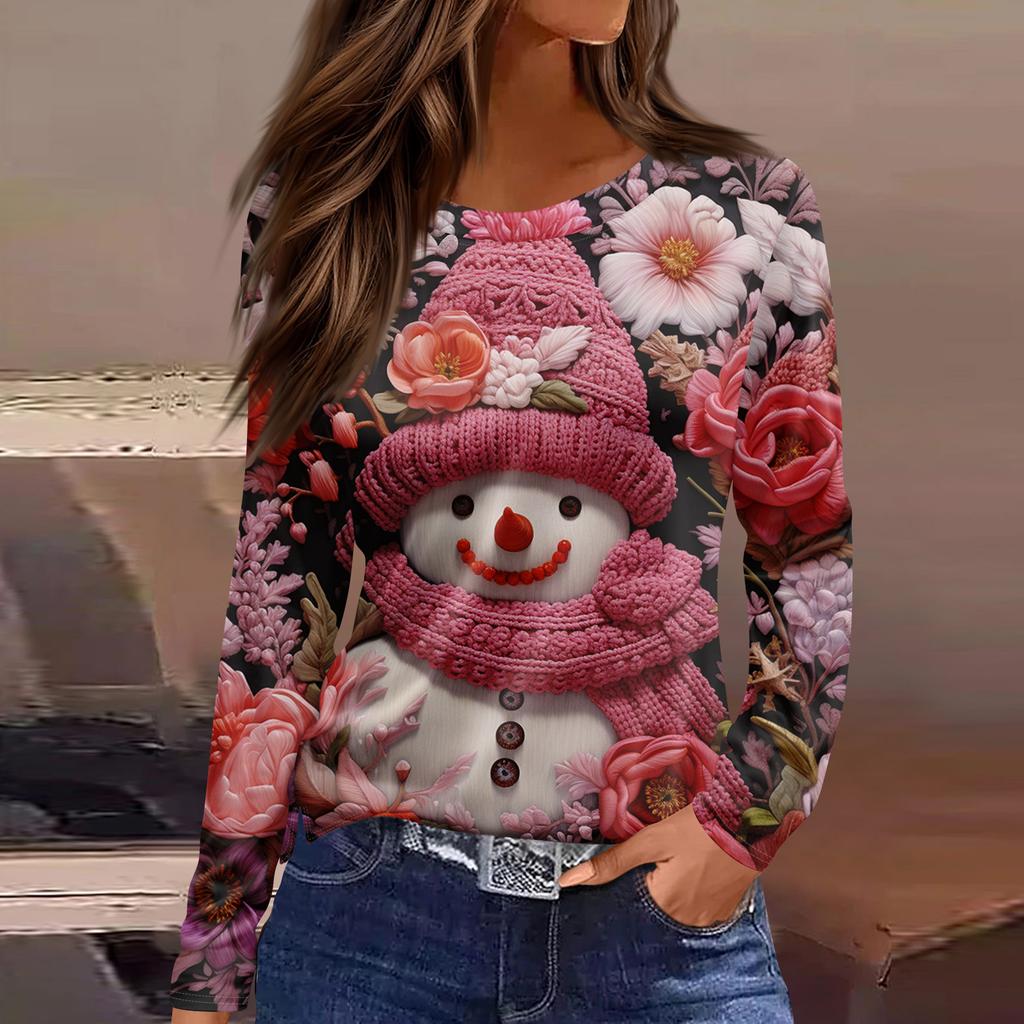 3D Santa Claus Head Printed Round Neck Long Sleeve T-shirt Fashion Casual Long Sleeve Top