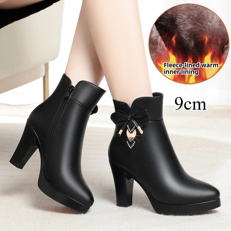 High-heeled Ankle Boots, Autumn and Winter Women's Leather Shoes, Fashion Boots, Cotton Boots