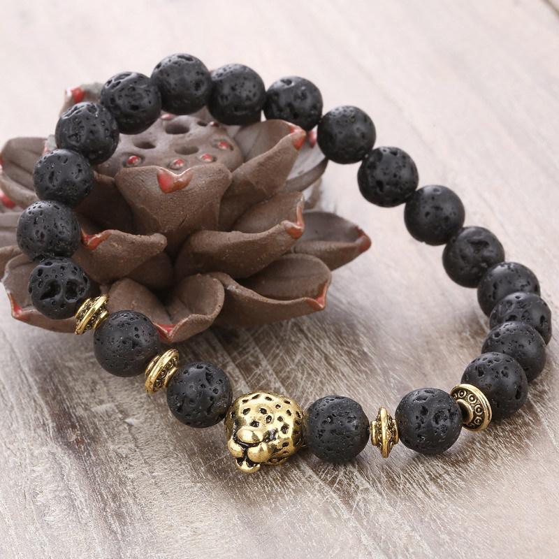 Alloy Leopard Head Volcanic Rock Stretch Bracelet