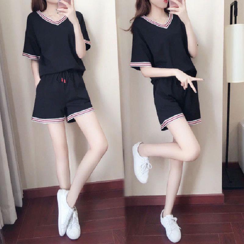 200 Jin Plus Size Women's Casual Summer Suit, Korean Style, Black Loose-Fit Short Sleeve Shorts Two-Piece Set