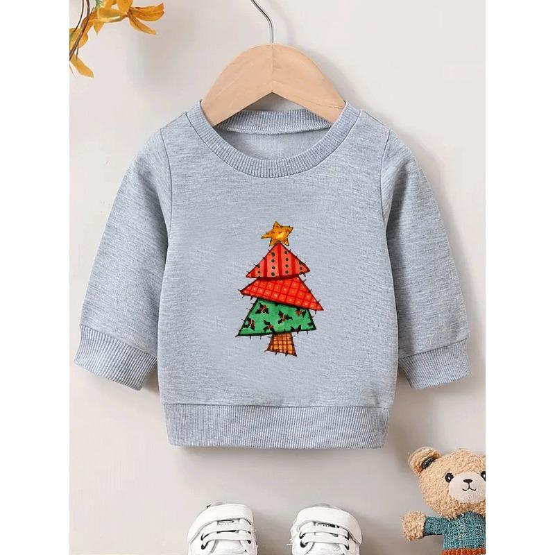 European Sizes Christmas Tree Print Pattern, Soft And Comfortable Thin Round-Neck Sweatshirt for  Kids Aged 0-3 Years