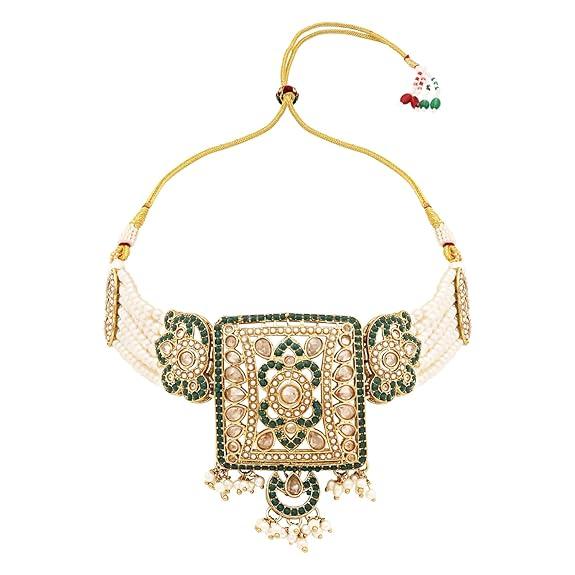 Gold Plated Traditional Kundan Pearl Multi Layered Choker Necklace Jewellery Set For Women