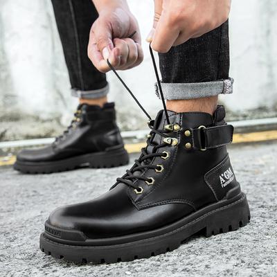 Trend Boots Men's Lace-up Thick-soled Wear-resistant Work Boots Fashion Casual Leather Boots High-top Outdoor Motorcycle Boots