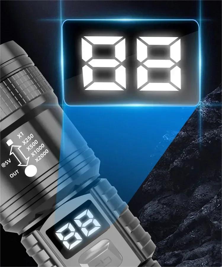 Super Bright LED Flashlight Battery Display USB Rechargeable Light Telescopic Zoom Torch Lamp Outdoor Camping Fishing Lantern