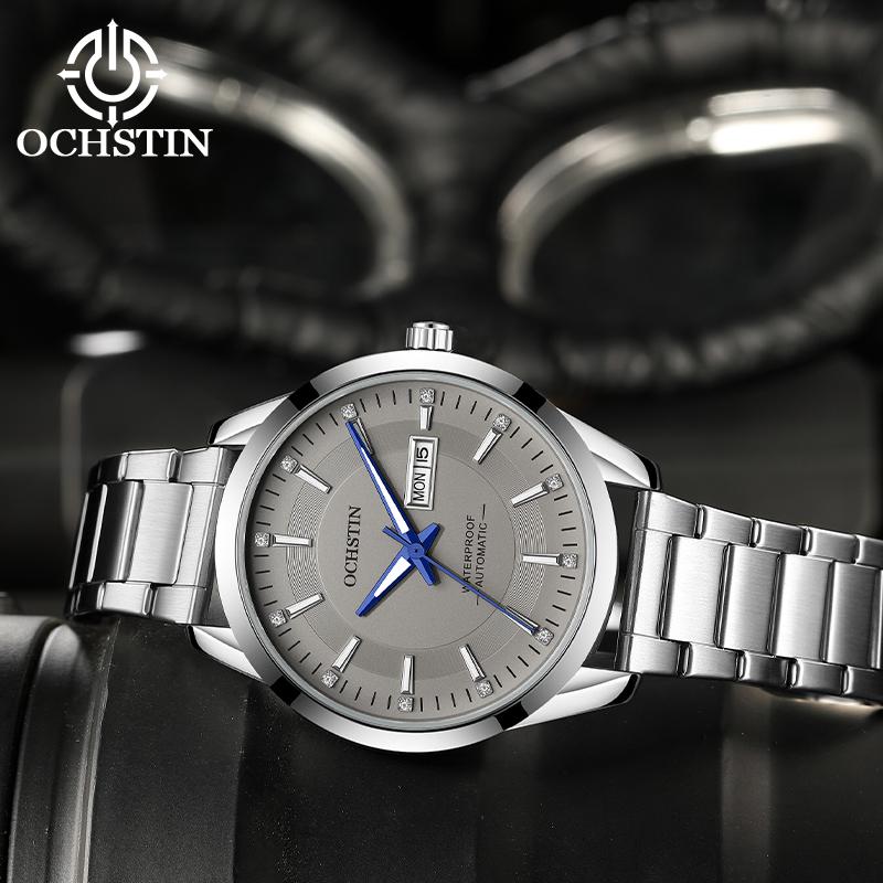 OCHSTIN Men Watch Self-Wind Mechanical Date Day Calendar Luminous Dial Transparent Back Stainless Steel Band Male Business Dress