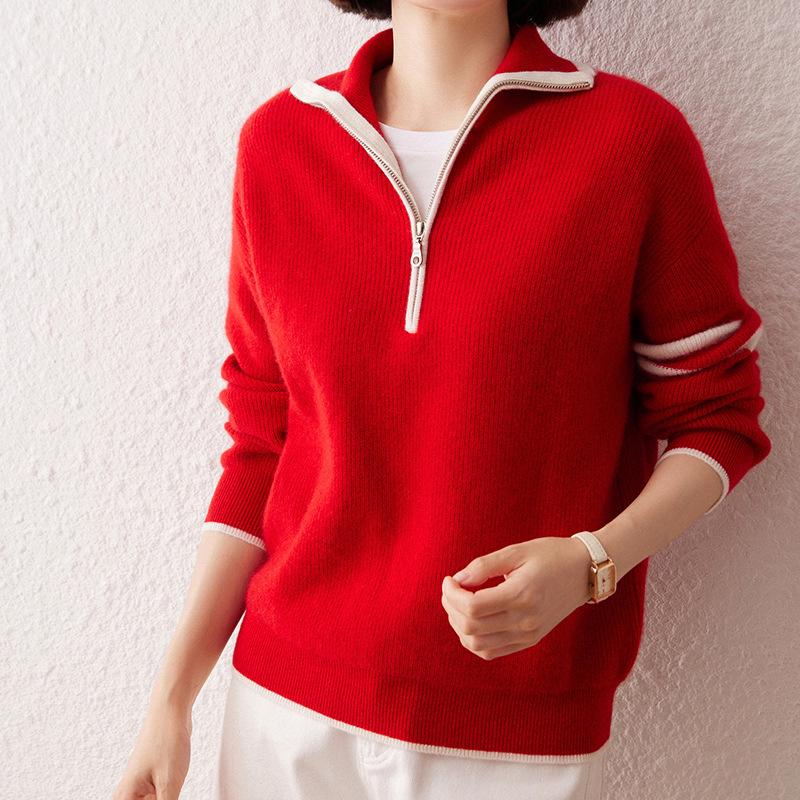 

Женский кашемировый свитер с полумолнией контрастного цвета - осень/зима, плотная вязка, свободный крой, повседневный универсальный шерстяной топ