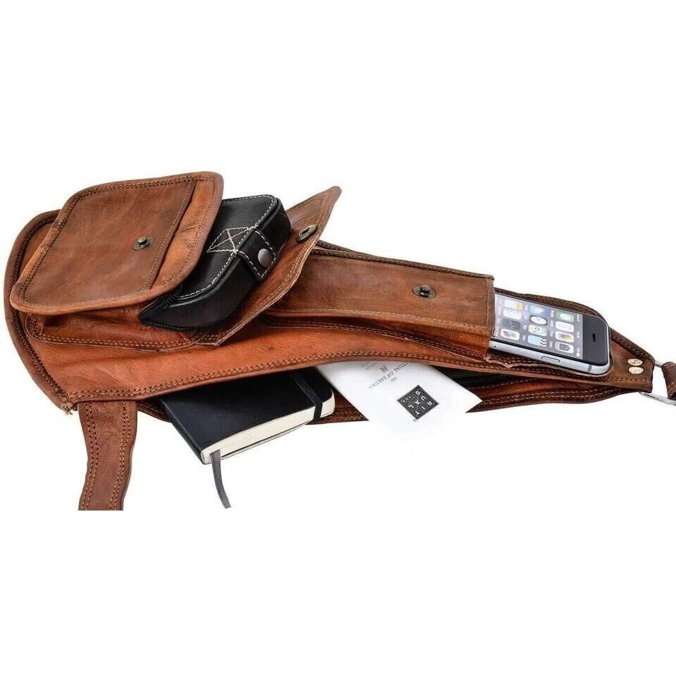 UNISEX Vintage Leather Shoulder Bag Sling Bag Chest Belt Brown