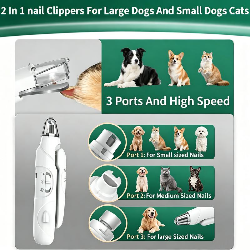 Safe Automatic 2-in-1 Pet Nail Clipper Grinder Foldable USB Rechargeable LED Light Low Noise Stainless Steel Pet Grooming