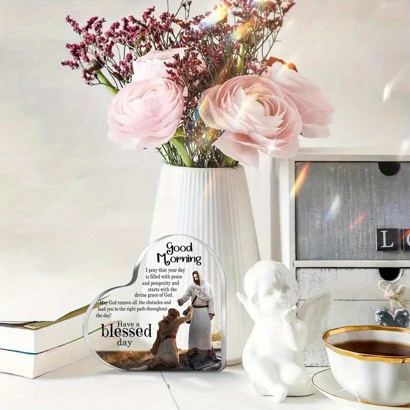 2D Platt, "God Morgon Välsignelse" Akryl Hjärtformad Kristet Gåva Skrivbordsdekoration Plakett, Lämplig för väggdekoration, veranda, rum, villa, acce