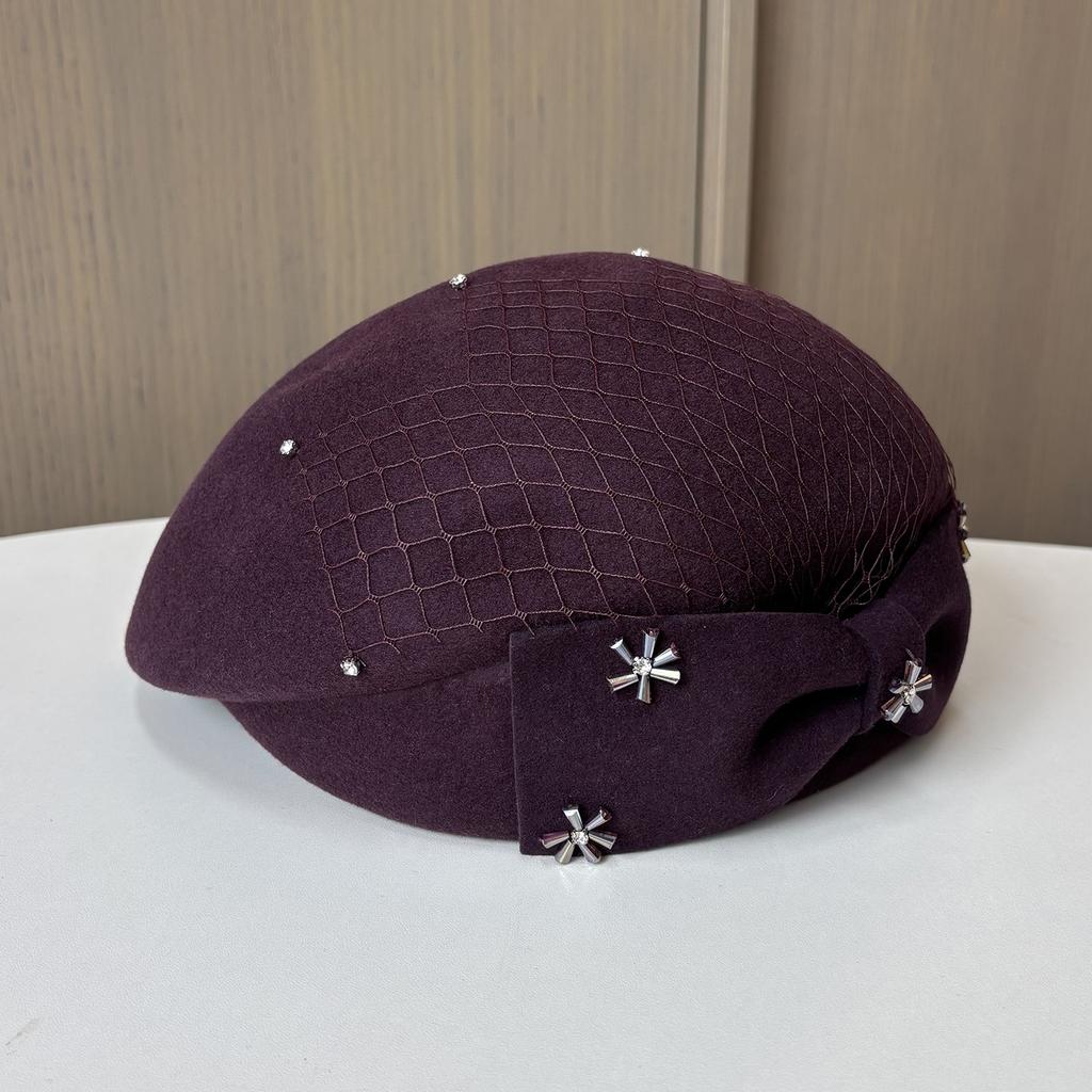 European And American Temperament Wool Beret Women'S Bow Mesh Rhinestone Stewardess Hat Elegant Styling Felt Top Hat
