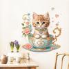 Cat Tea Cup Floral Heart Wall Sticker Self-Adhesive No Glue Residue Hallway Bedroom Home Decor Art