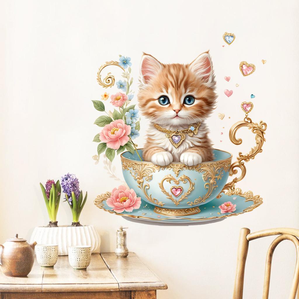 Cat Tea Cup Floral Heart Wall Sticker Self-Adhesive No Glue Residue Hallway Bedroom Home Decor Art