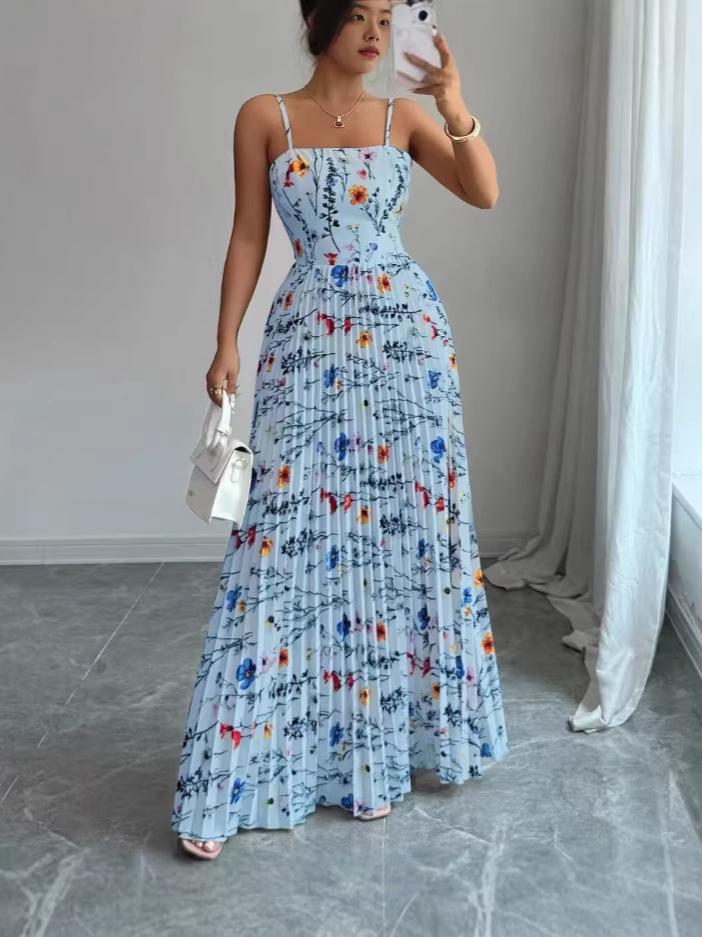 Elegant Floral Print Spaghetti Strap Long Dress - Summer Women's Fashion 2026