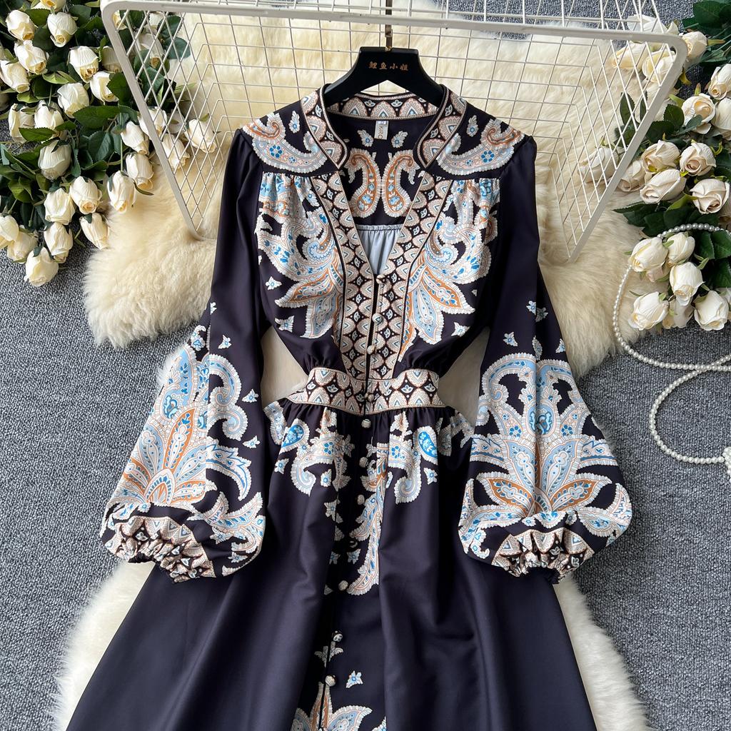 Francouzské retro elegantní dlouhé šaty dámské ve společenském stylu s potiskem paisley dámské Dlouhé šaty do V s výstřihem do V