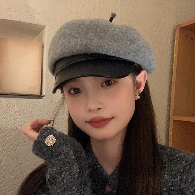 Simple PU Leather Brim Octagonal Hat Women's Autumn and Winter Woolen Peaked Cap Versatile Newsboy Hat