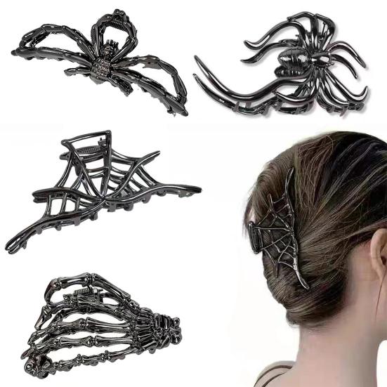 Halloween Hair Claw Black Spider Web Skeleton Hand Bat Shape Hair Clip Anti-slip Teeth Back Head Shark Hair Clip Styling Accessory