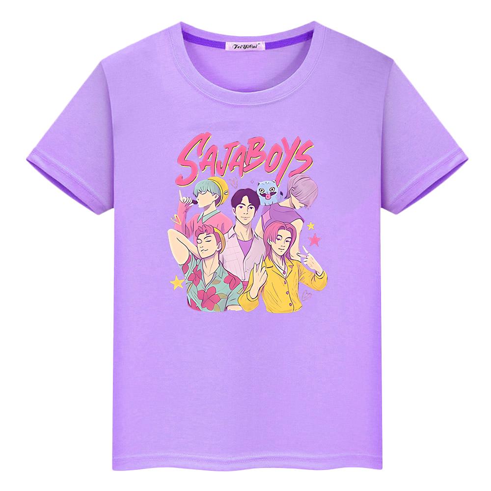 T Shirt for Kids Boy 10year Saja Boys Kpop Demon Hunters Print 100%Cotton Kawaii Tees Cute Tops Anime Short Y2k Girls Clothes