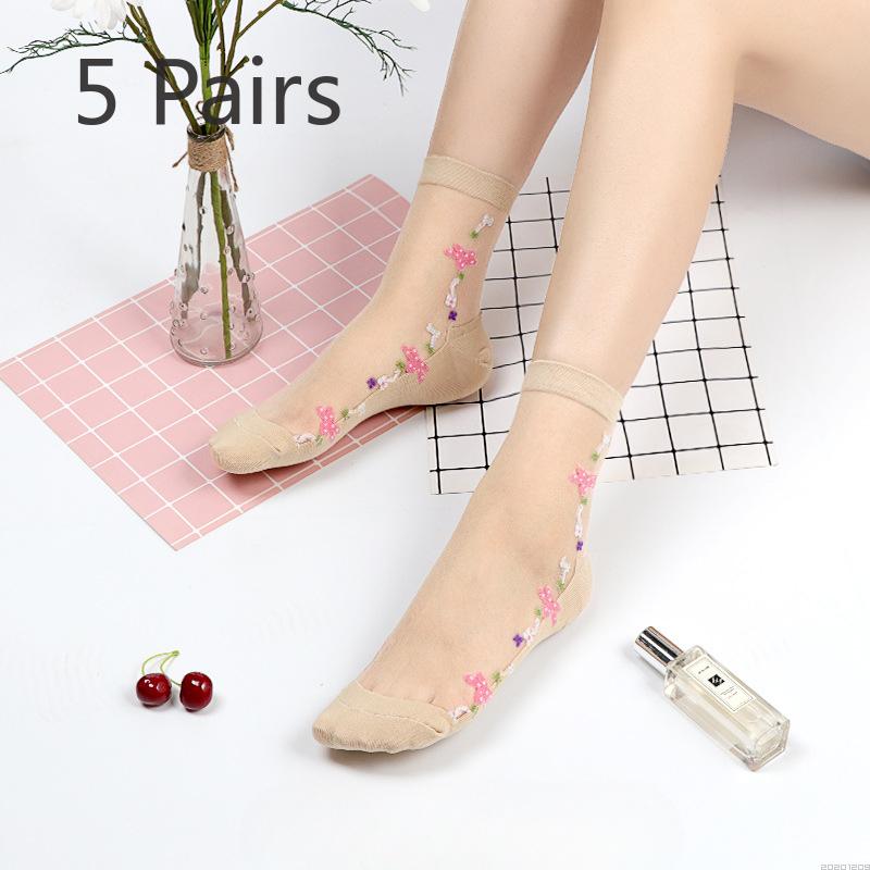 

5 пар женских новых чулок серии «Цветы» с хлопковой ластовицей, противоскользящих, устойчивых к зацепкам, шелковистых, кристальных 5 Pairs