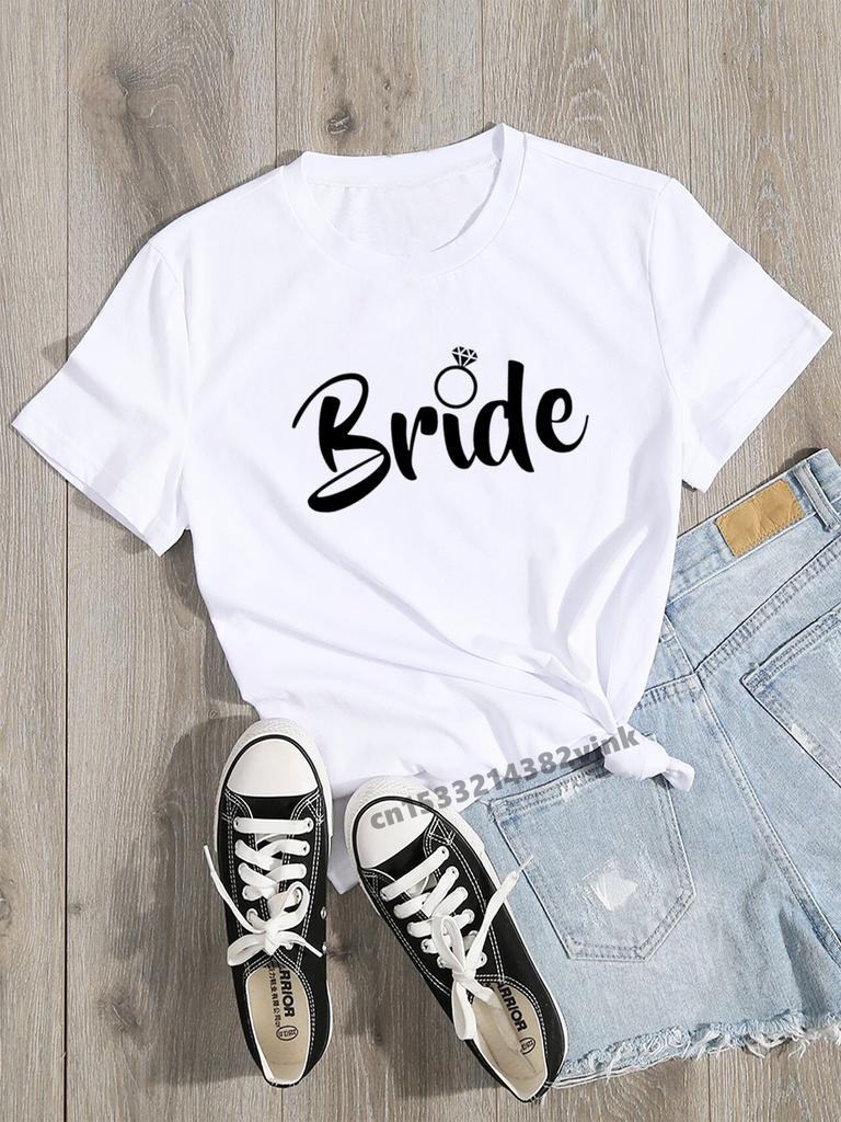 Bride Ring Finger Bride Team Print Bachelorette Wedding Party Women T-shirt Casual Ladies Basic O-collar Short Sleeved T-shirt