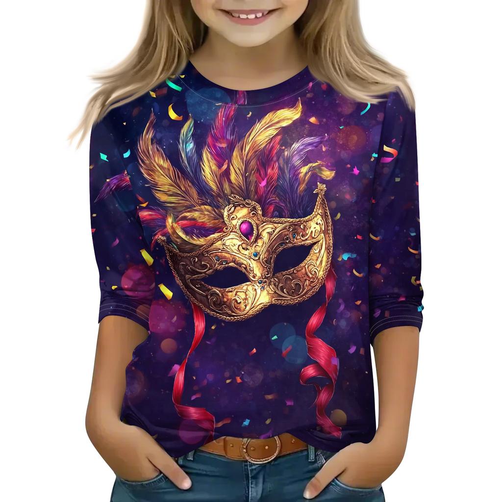 Print Tops For Youth Girls Round Neck 3/4 Sleeves T-Shirts Trendy Tops Outfit Tees
