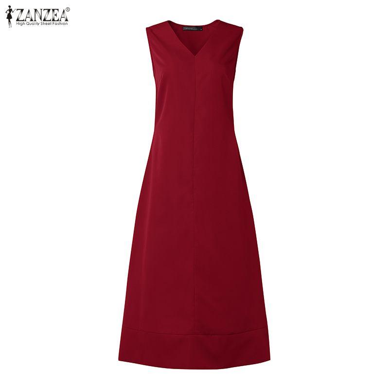 ZANZEA Women Elegant V-Neck Casual Sleeveless Dress