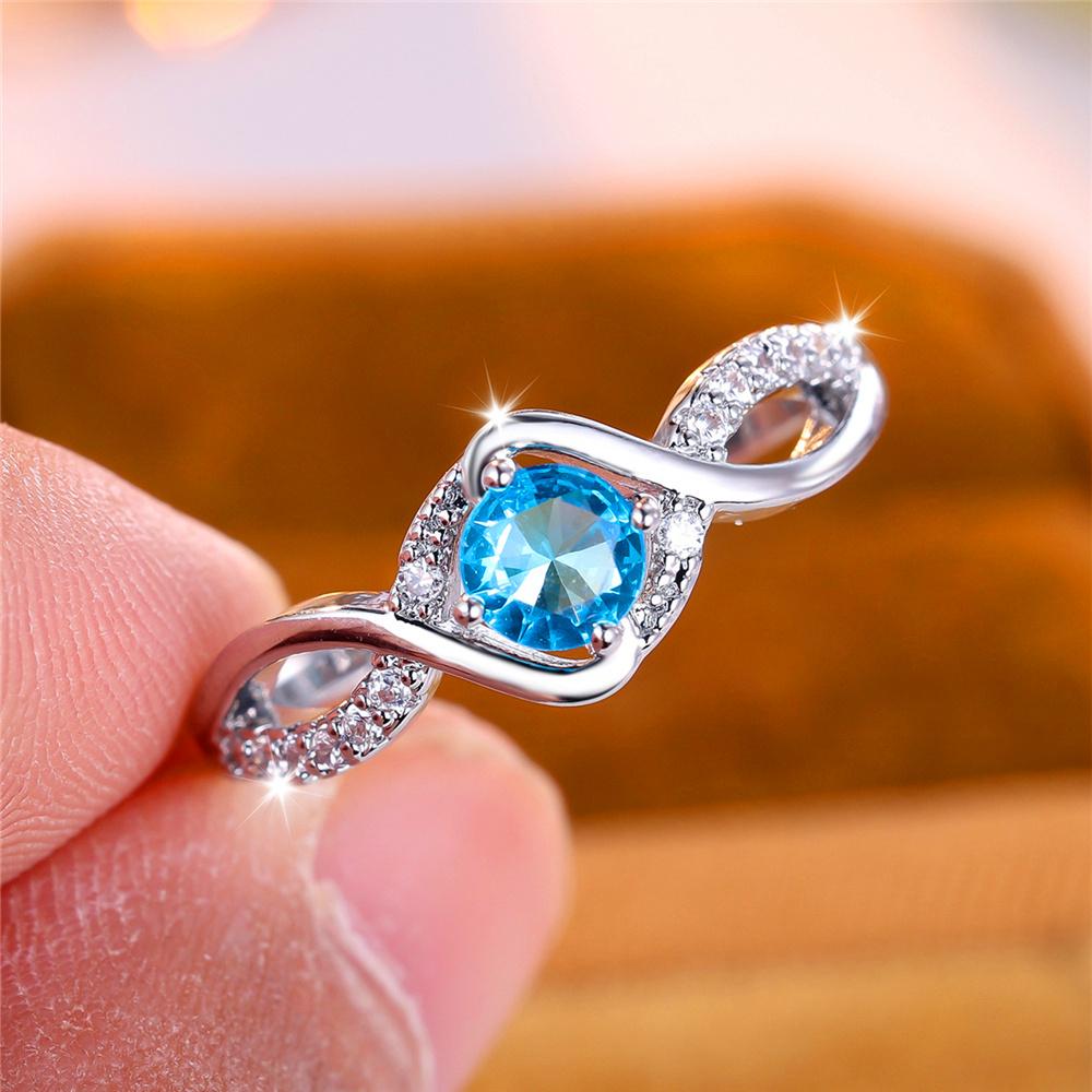 Trendy Water Blue Zircon Round Stone Vintage Silver Color Wedding Bands Engagement Rings For Women Men Minimalist