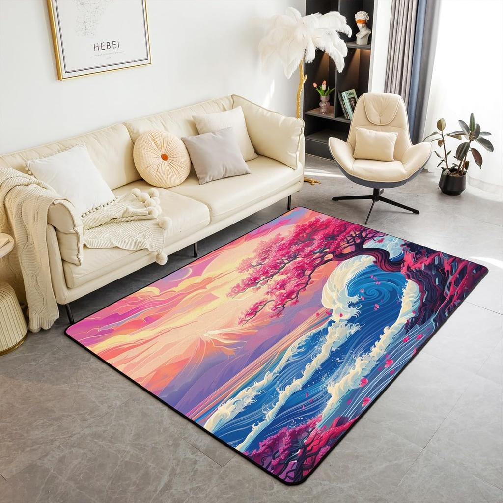 Japanese Samurai & Red Maple Print Area Rug, Non-Slip Floor Mat for Living Room Bedroom, Warrior Design Home Decor Carpet