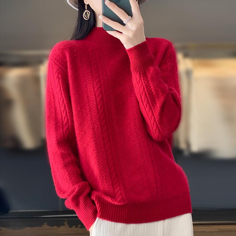 High Neck Vertical Stripe Jacquard Wool Sweater - Fashionable Cable Knit Cashmere Knitwear