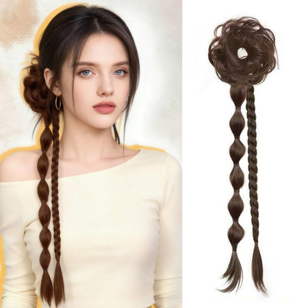 Ancient Style Side-Tied Bun with Twisted Braid Headband Ponytail Hairpiece Daily Use