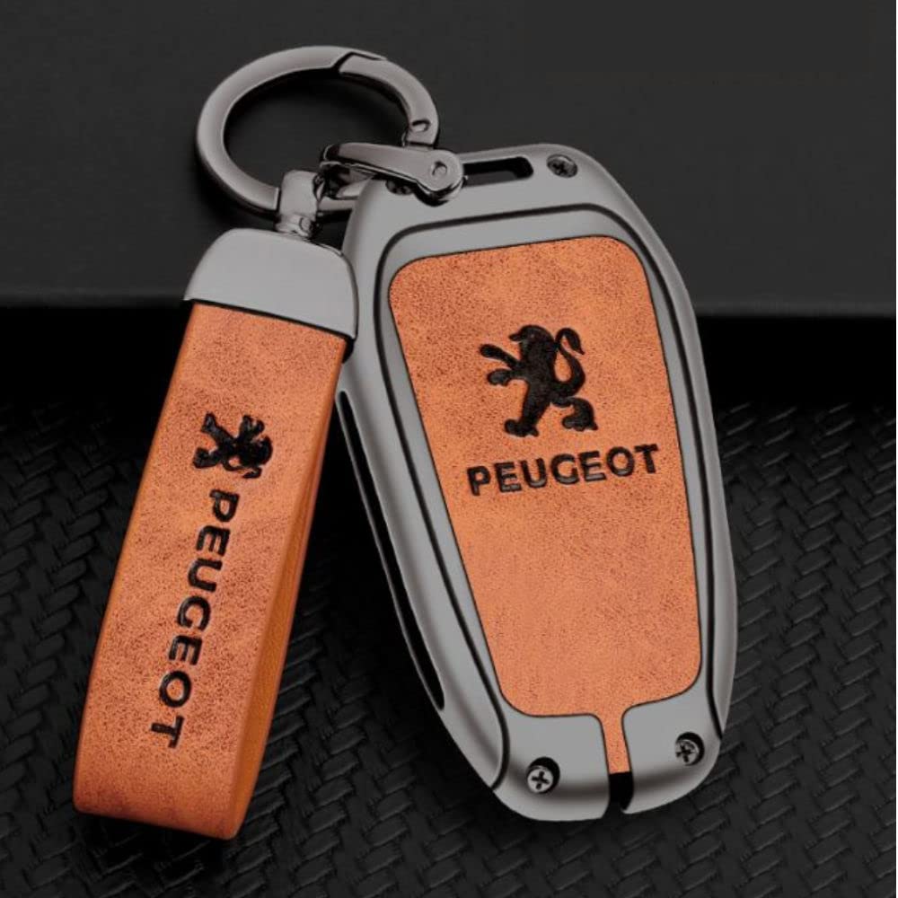 [NextBlue] Peugeot Compatible Smart Key Case Zinc Alloy Metal Gray Key Holder with Logo Sticker, Braun