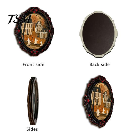 Spooky Witch Castle Wall Art Halloween Wooden Refrigerator Magnets, Vintage Gothic Oval Frame Fridge Magnets with Unique Kitchen Metal Surface