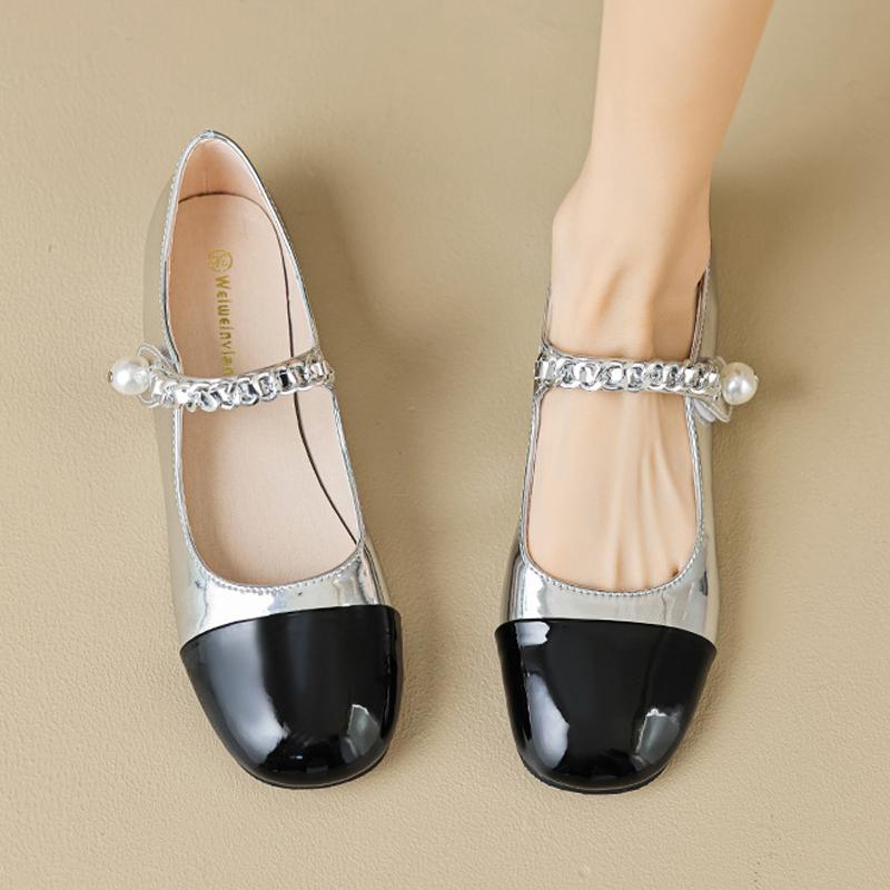 Fashion Mixed Color Black/Silver Ballerinas Flats Woman Chain Belt Mary Janes Ladies Lolita Ballets Single Shoes Bride Wedding Mocasines