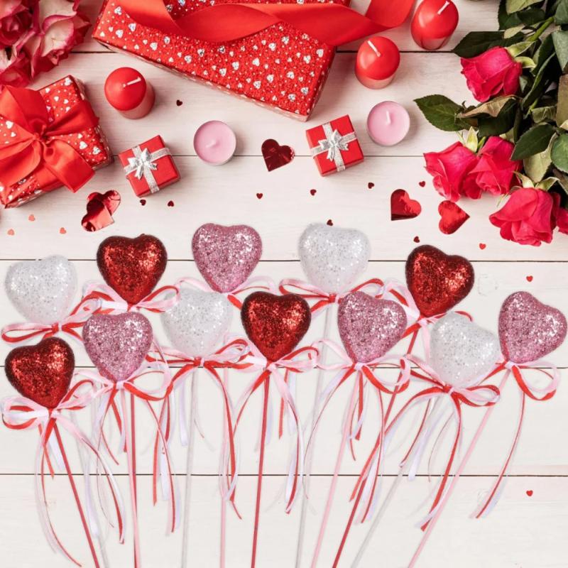 Valentine's Day Glitter Heart Foam Picks Puffy Sparkly Heart On Sticks Valentines Day Floral Picks for Table Centerpiece Decor